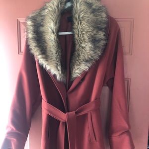 Faux fur collar dress coat